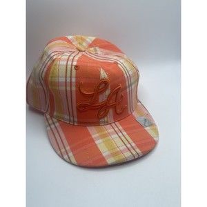 Leader Sports Embroidered LA Fitted Orange White Plaid Hat Cap Size Extra Large